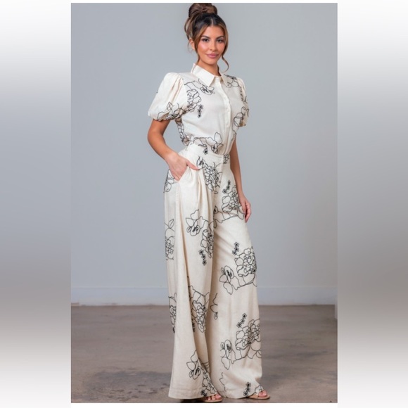 Pants - 255. Embroidered Cream Floral Bubble sleeve Wide-Leg pants set